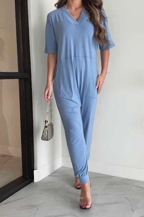 Tired Eyes Short Sleeve Slouchy Jumpsuit (Light Denim) - NanaMacs