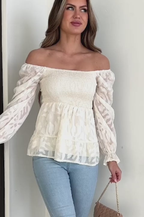 Blossoming With Grace Smocked Floral Textured Blouse (Ivory) - NanaMacs