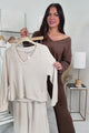 Lazy Sunday Ribbed Knit Sweater V Neck Loungewear Set (Brown)