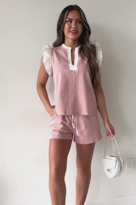 Casual Nonsense Ruffle Sleeve Top & Shorts Set (Light Pink) - NanaMacs