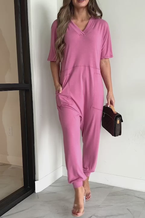 Tired Eyes Short Sleeve Slouchy Jumpsuit (Rose) - NanaMacs