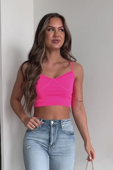 Dedicated To The Truth Lace Trim Cami Crop Top (Neon Pink) - NanaMacs