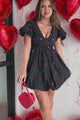 An Act Of Love Heart Embroidered Bubble Hem Mini Dress (Black)