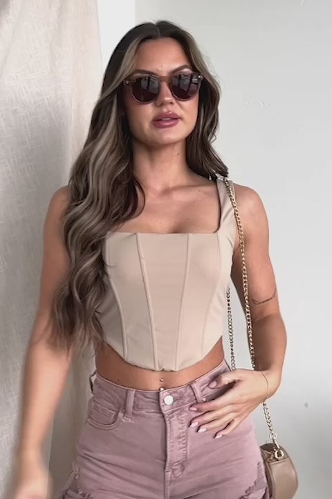 That Existential Feeling Square Neck Corset Crop Tank (Khaki) - NanaMacs