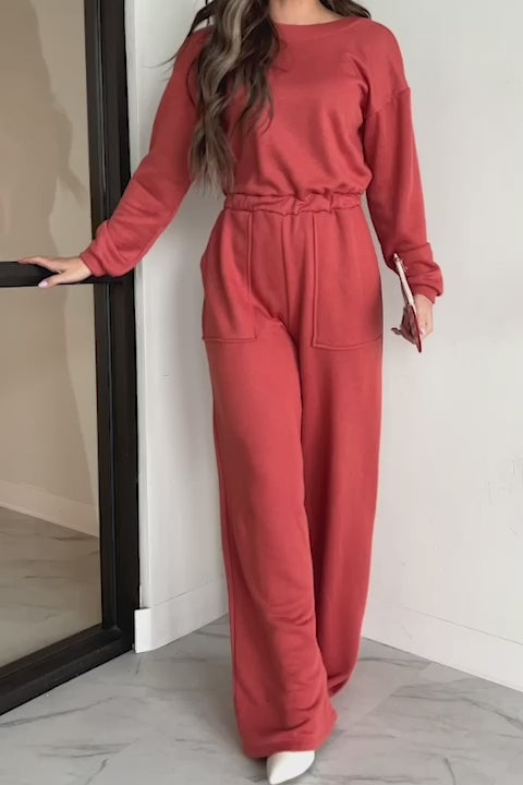 Plausible Deniability Long Sleeve Wide Leg Jumpsuit (Rust) - NanaMacs