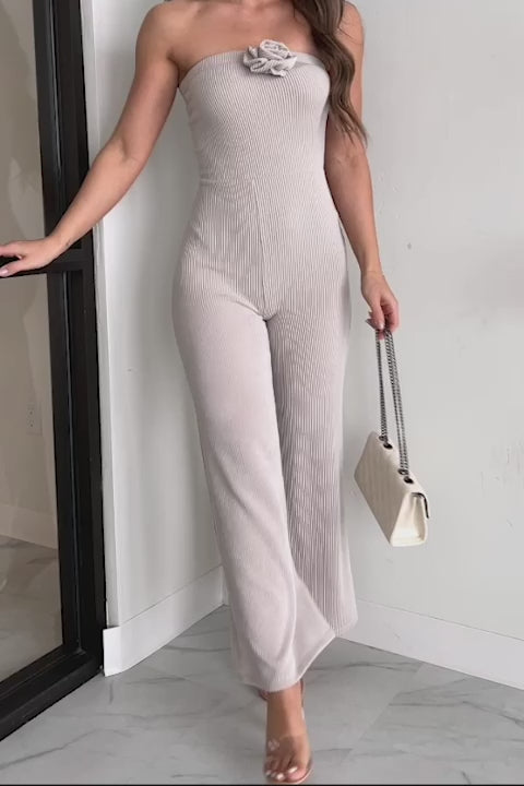 Lucille Ribbed Strapless Jumpsuit With Flower (Light Taupe) - NanaMacs