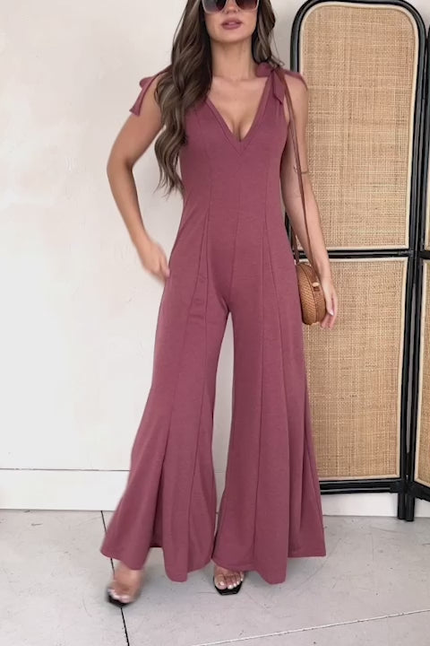 Iconic Comfort Shoulder Tie Wide Leg Jumpsuit (Marsala) - NanaMacs