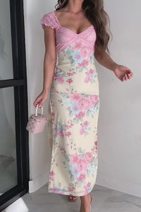 Growing & Glowing Lace Detail Floral Mesh Maxi Dress (Pink/Yellow) - NanaMacs