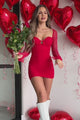 Single & Ready To Jingle Ruched Mini Dress With Beaded Sleeves (Red)