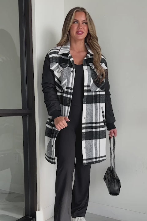 Embracing The Chill Quilted Sleeve Plaid Coat (Black) - NanaMacs