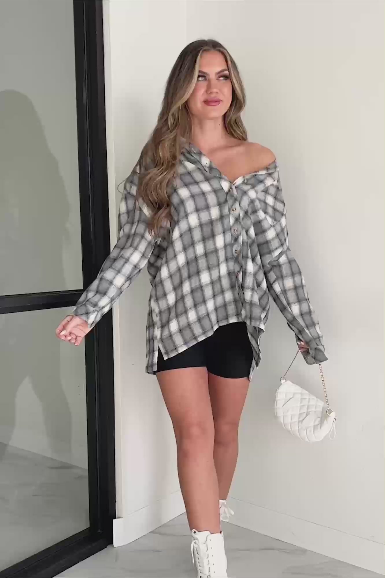 Cover Your Tracks Oversized Plaid Button-Down Shirt (Ivory/Grey) - NanaMacs