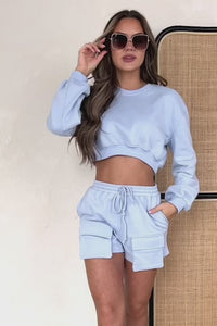 Can't Convince Me Crop Sweatshirt & Shorts Set (Light Blue) - NanaMacs