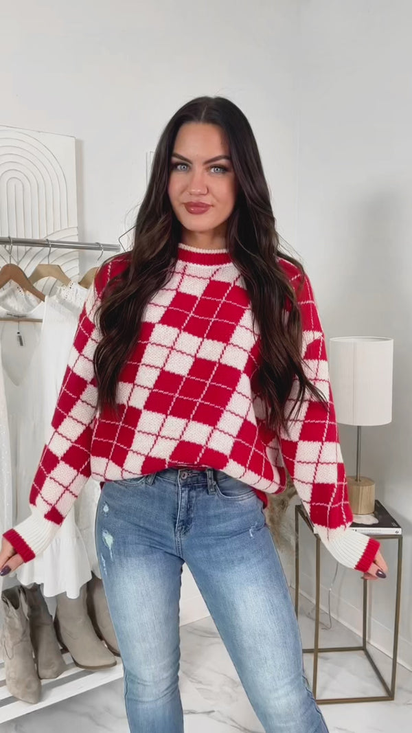 Older Soul Oversized Checker Sweater (Red/Cream) - NanaMacs