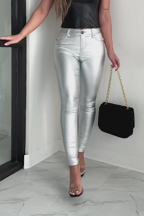 Nova High Waist Metallic Skinny Jeans (Silver) - NanaMacs