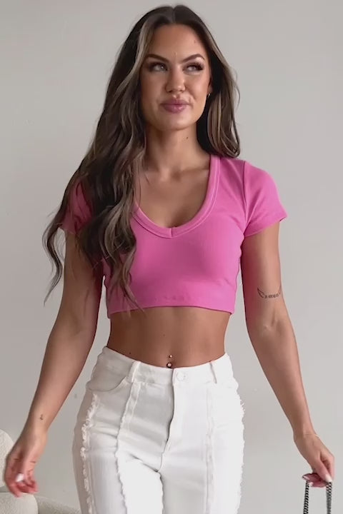 Carefree Mindset Ribbed V-Neck Crop Top (Pink) - NanaMacs