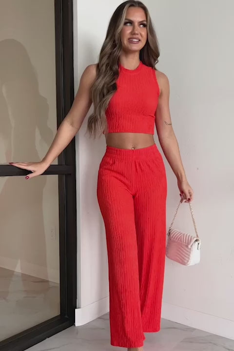 Sunday Slow-Down Crinkle Textured Two-Piece Set (Tomato Red) - NanaMacs