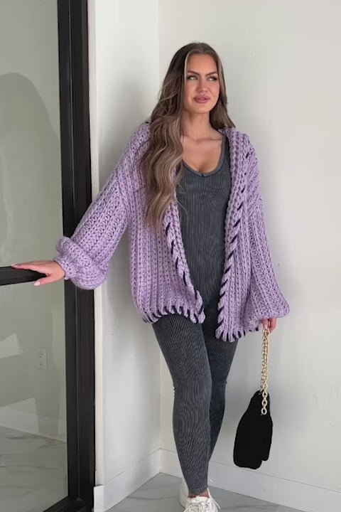 Warm Emotions Stitch Edged Chunky Knit Cardigan (Lilac) - NanaMacs