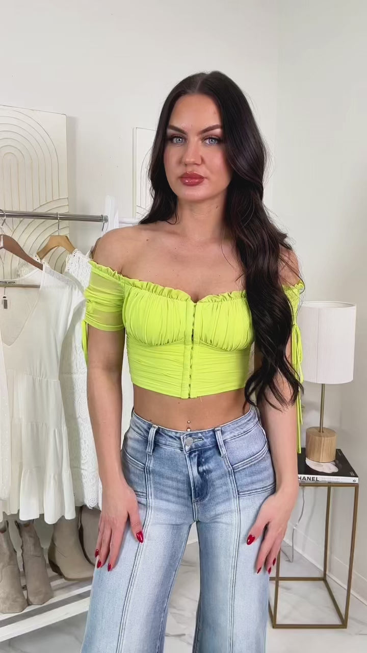 Sly Glances Off The Shoulder Hook-Front Crop Top (Citrus Green) - NanaMacs