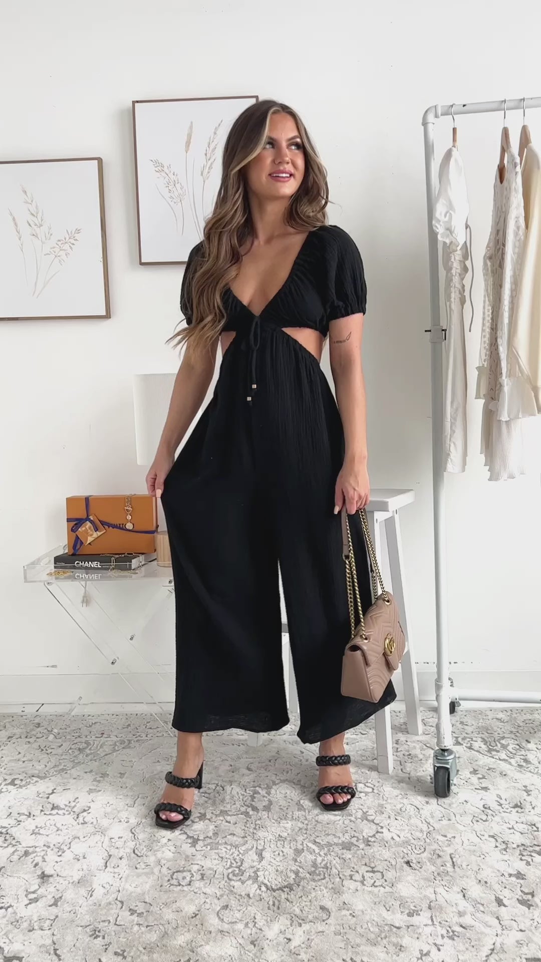 Yours Truly Puff Sleeve Cut Out Jumpsuit (Black)