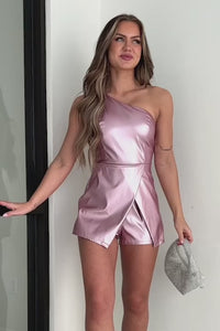 Stars Align Faux Leather One Shoulder Romper (Metallic Pink) - NanaMacs