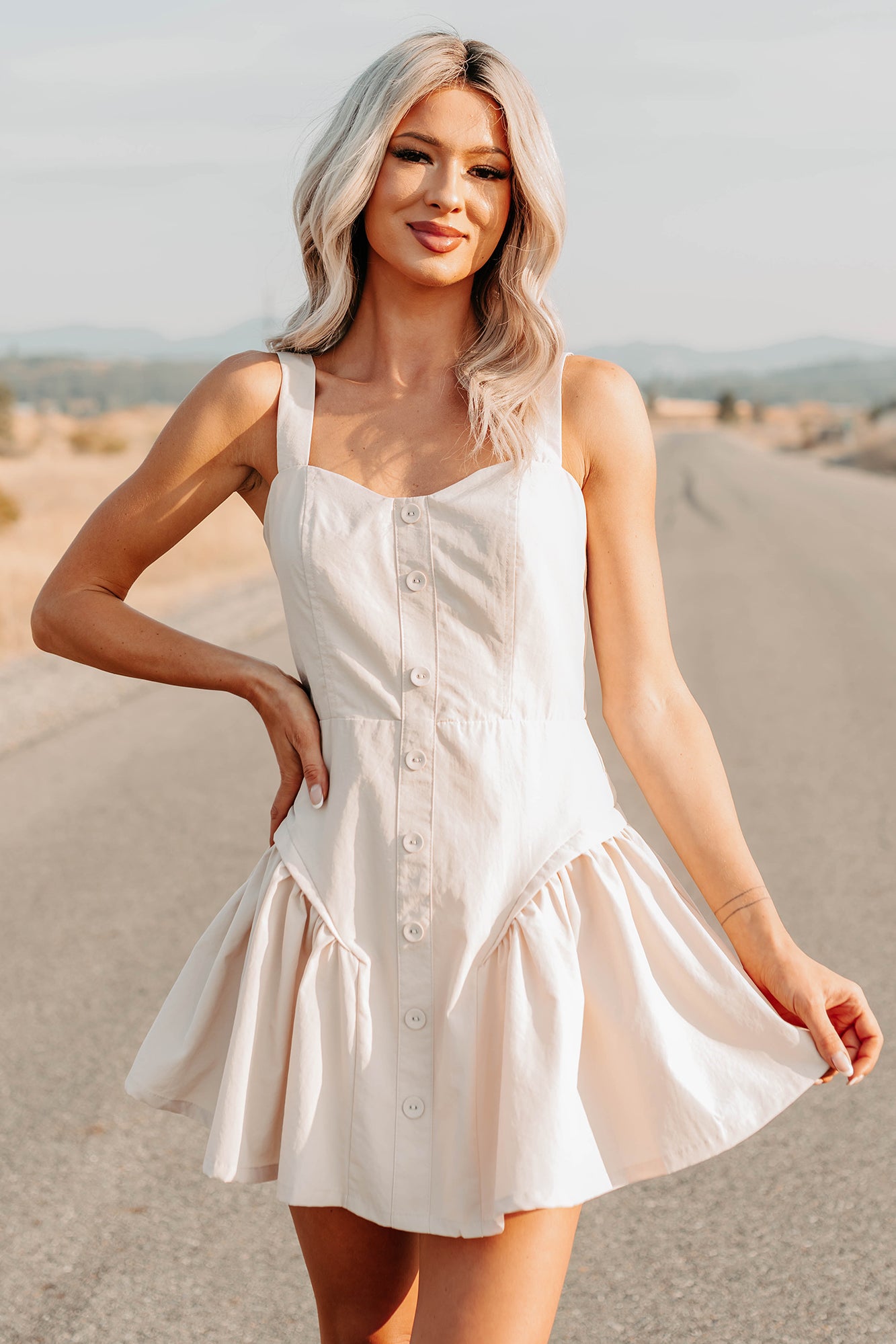 One More Night Sleeveless Faux Button Mini Dress (Beige) · NanaMacs