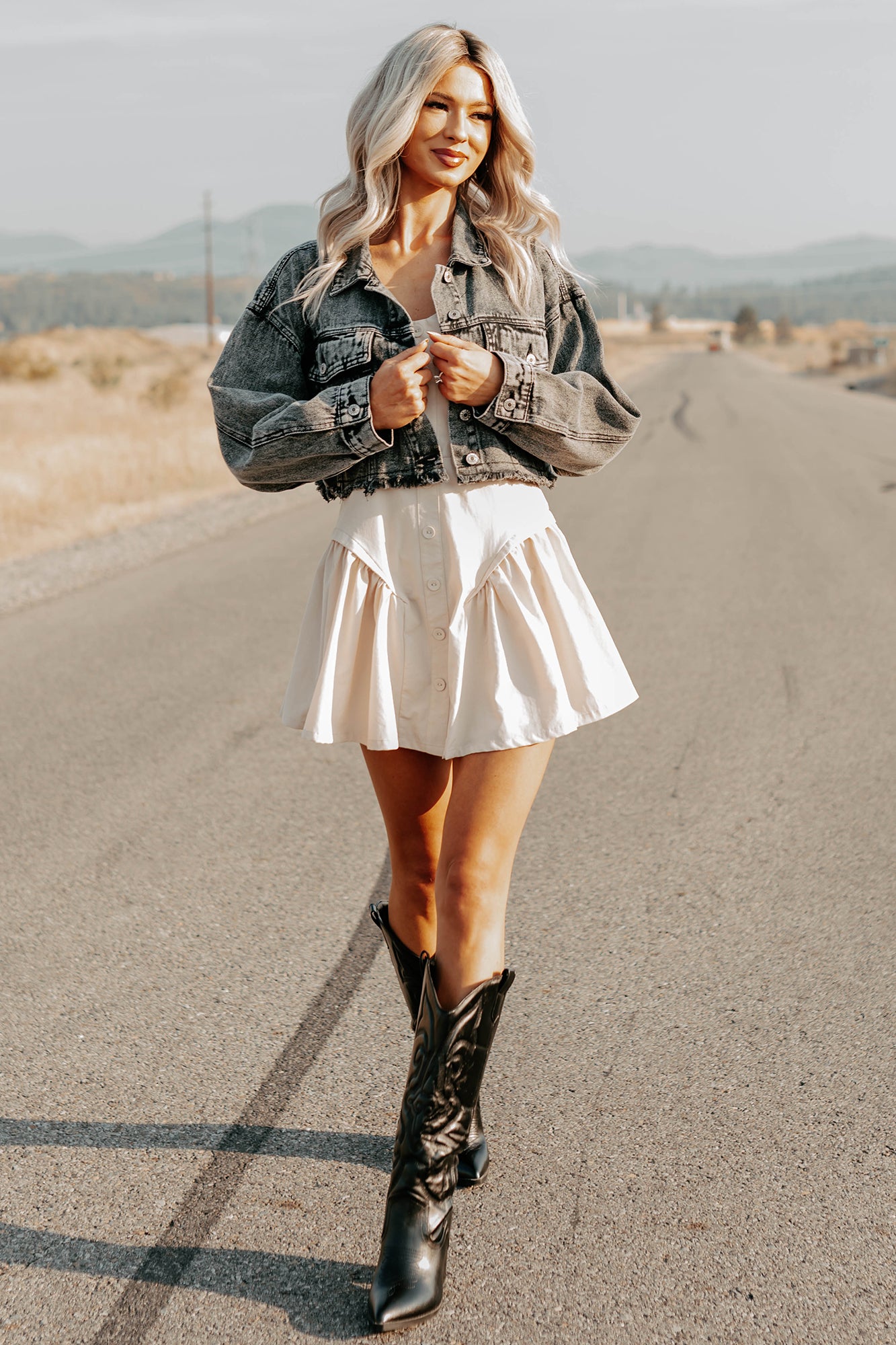 On The Loose Washed Denim Crop Jacket (Black) - NanaMacs