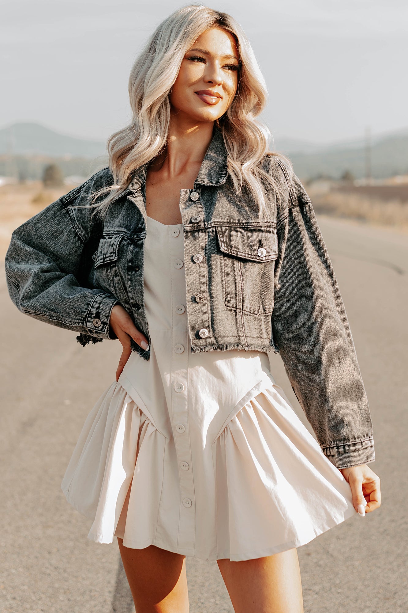 On The Loose Washed Denim Crop Jacket (Black) - NanaMacs