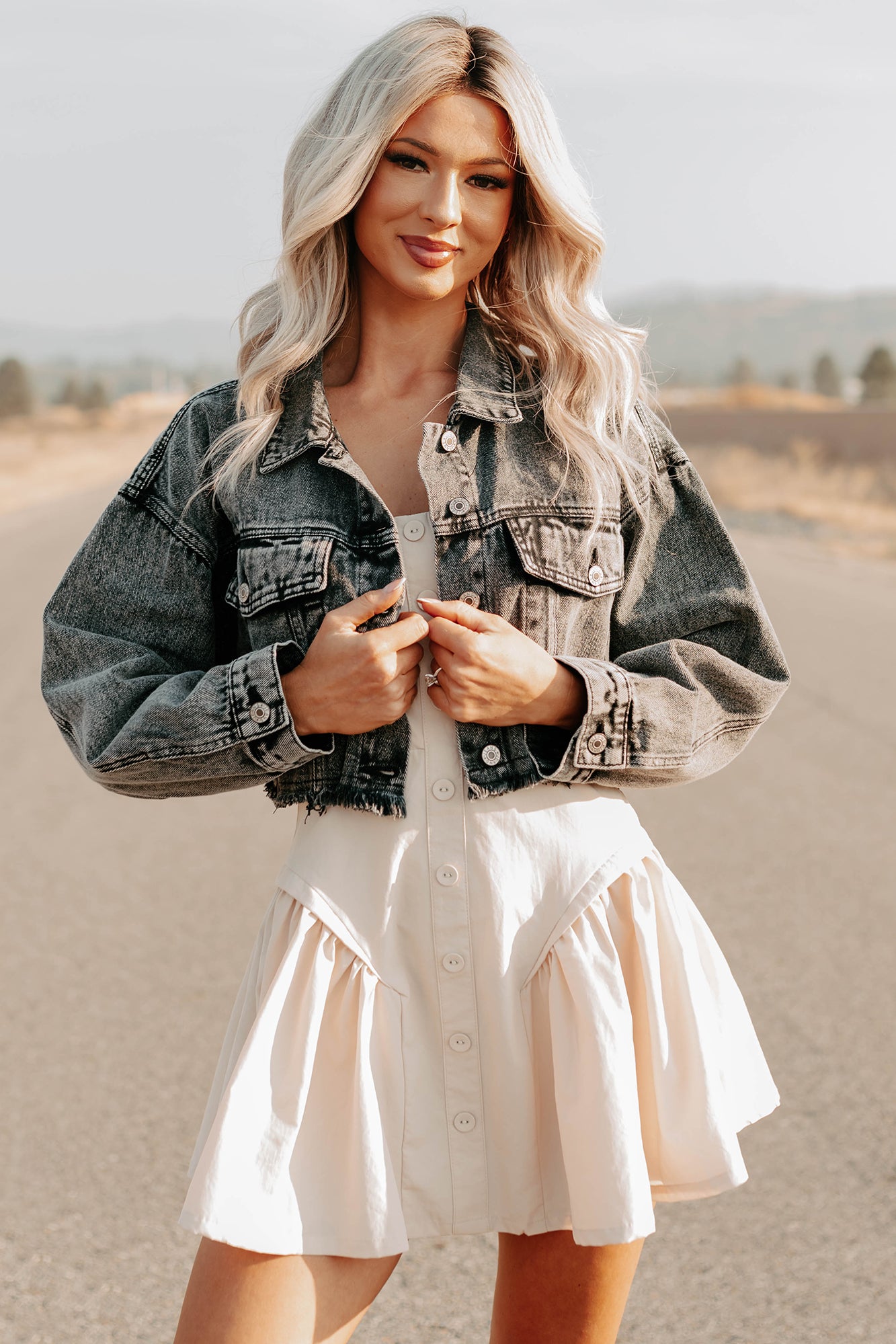 On The Loose Washed Denim Crop Jacket (Black) - NanaMacs