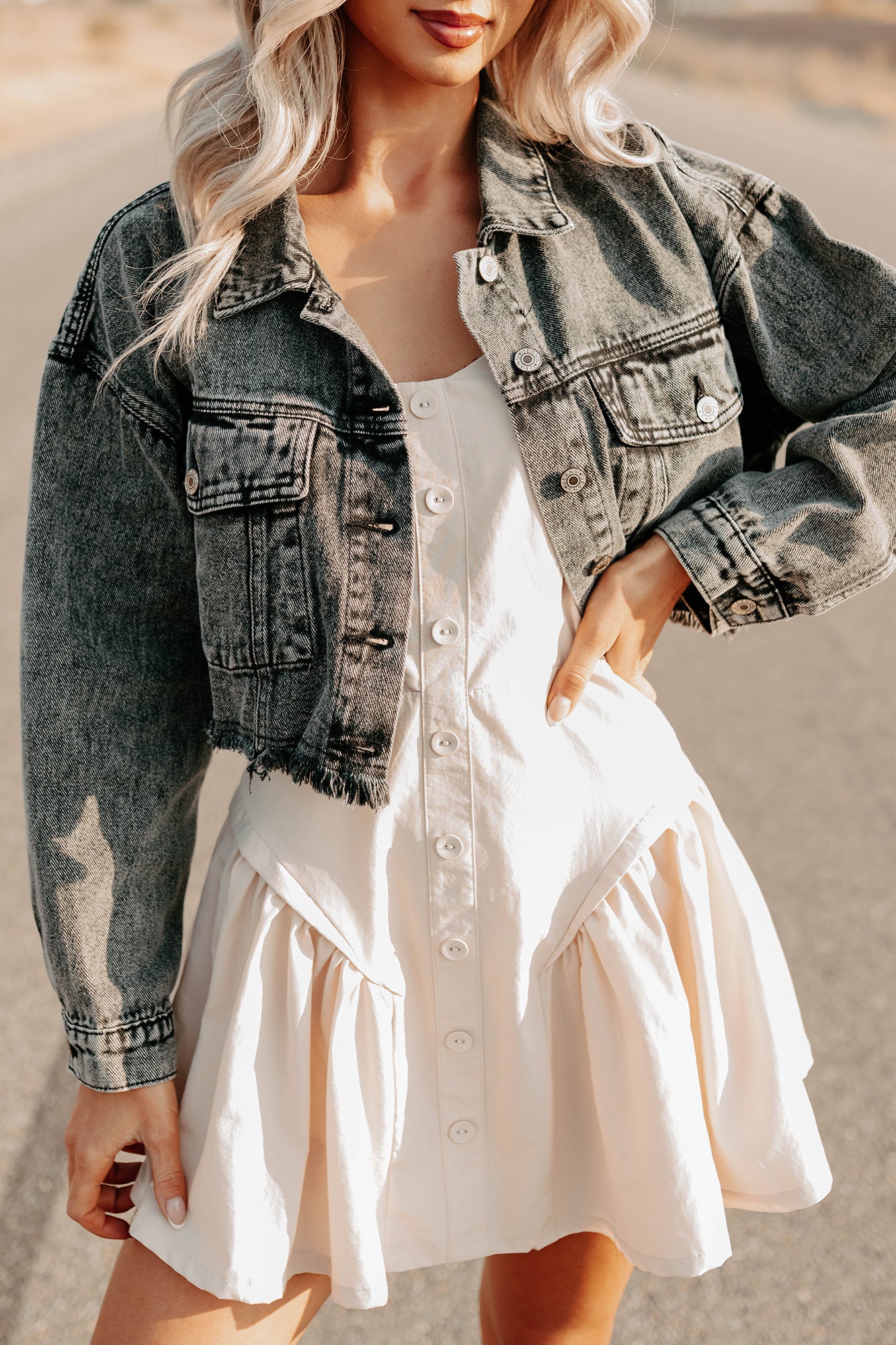 On The Loose Washed Denim Crop Jacket (Black) - NanaMacs