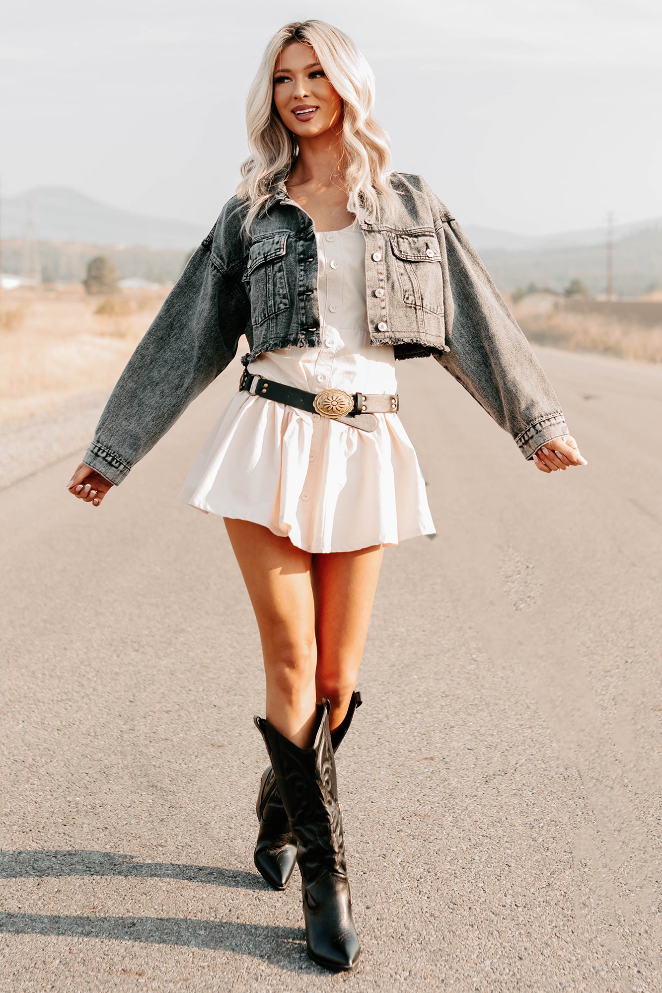 On The Loose Washed Denim Crop Jacket (Black) - NanaMacs