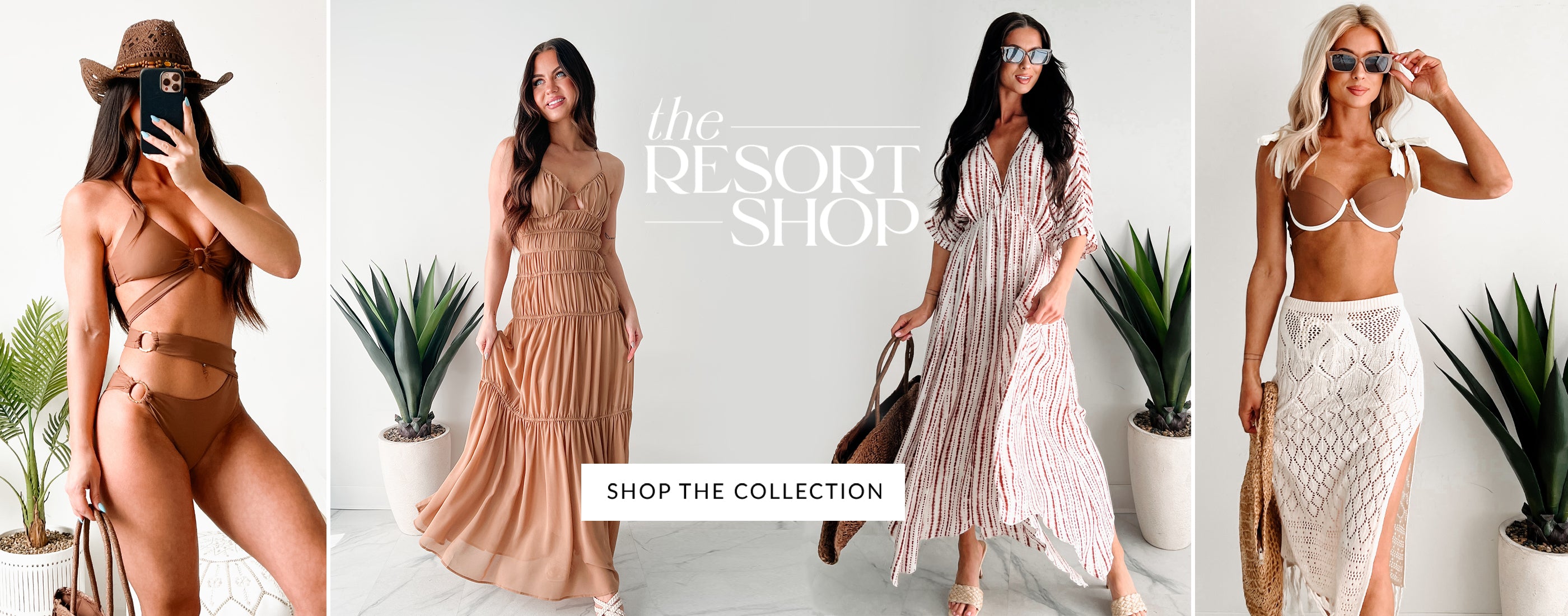 Images of models wearing resort outfits. Headline: The Resort Shop. Button: Shop The Collection. Links To the Resort Collection.