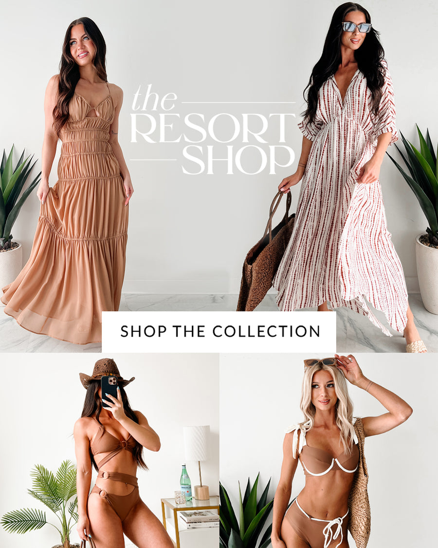 Images of models wearing resort outfits. Headline: The Resort Shop. Button: Shop The Collection. Links To the Resort Collection.