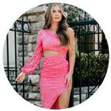 Model wearing a cutout lace one-shoulder pink dress. Links to the sale collection. 