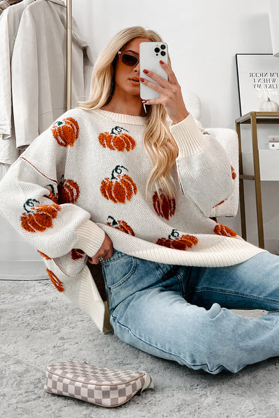 Cute Little Pumpkin Textured Knit Sweater (Cream/Orange) - NanaMacs