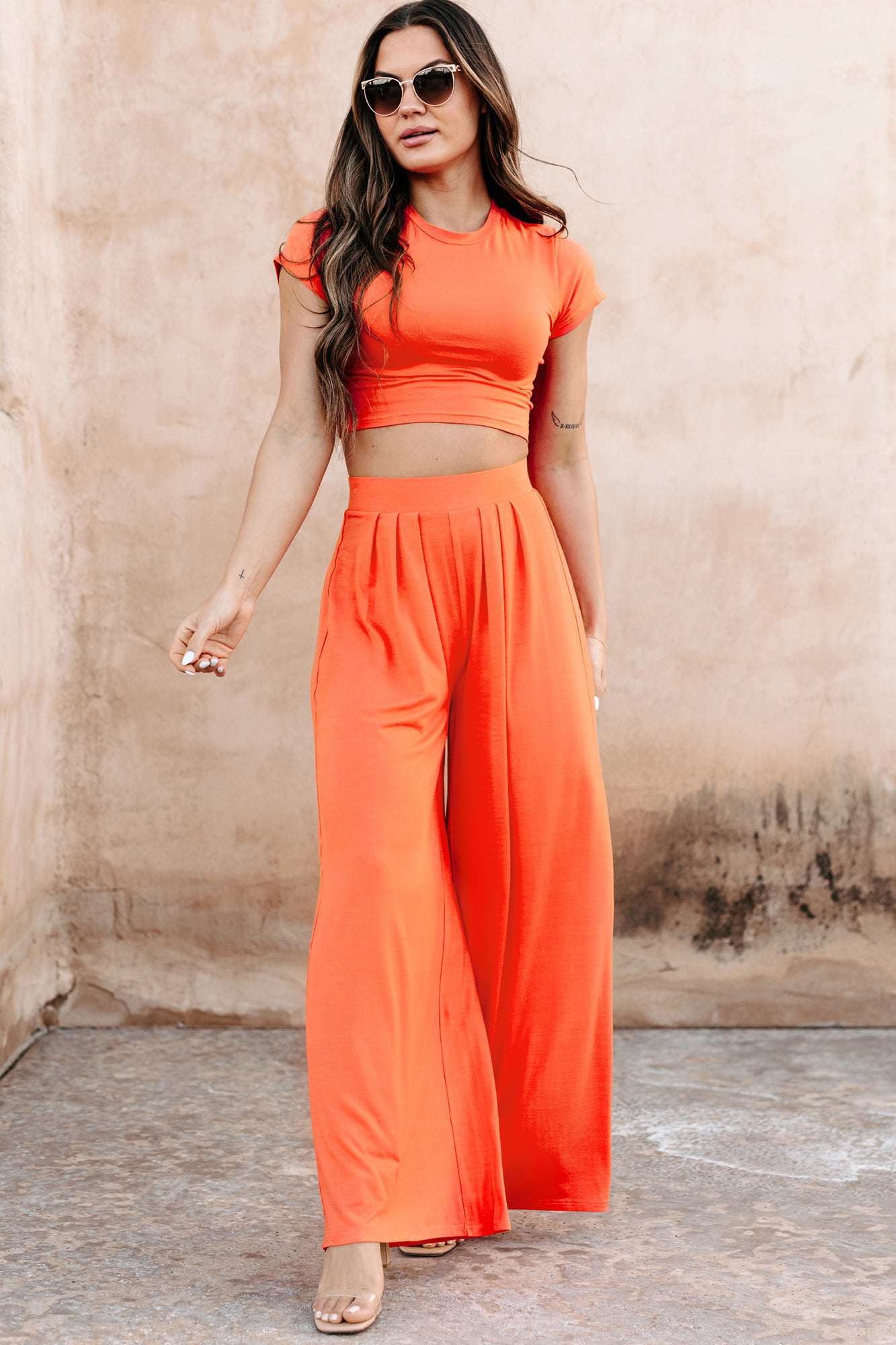 Fashionable Finesse Crop Top & Palazzo Pant Set (Neon Orange) - NanaMacs