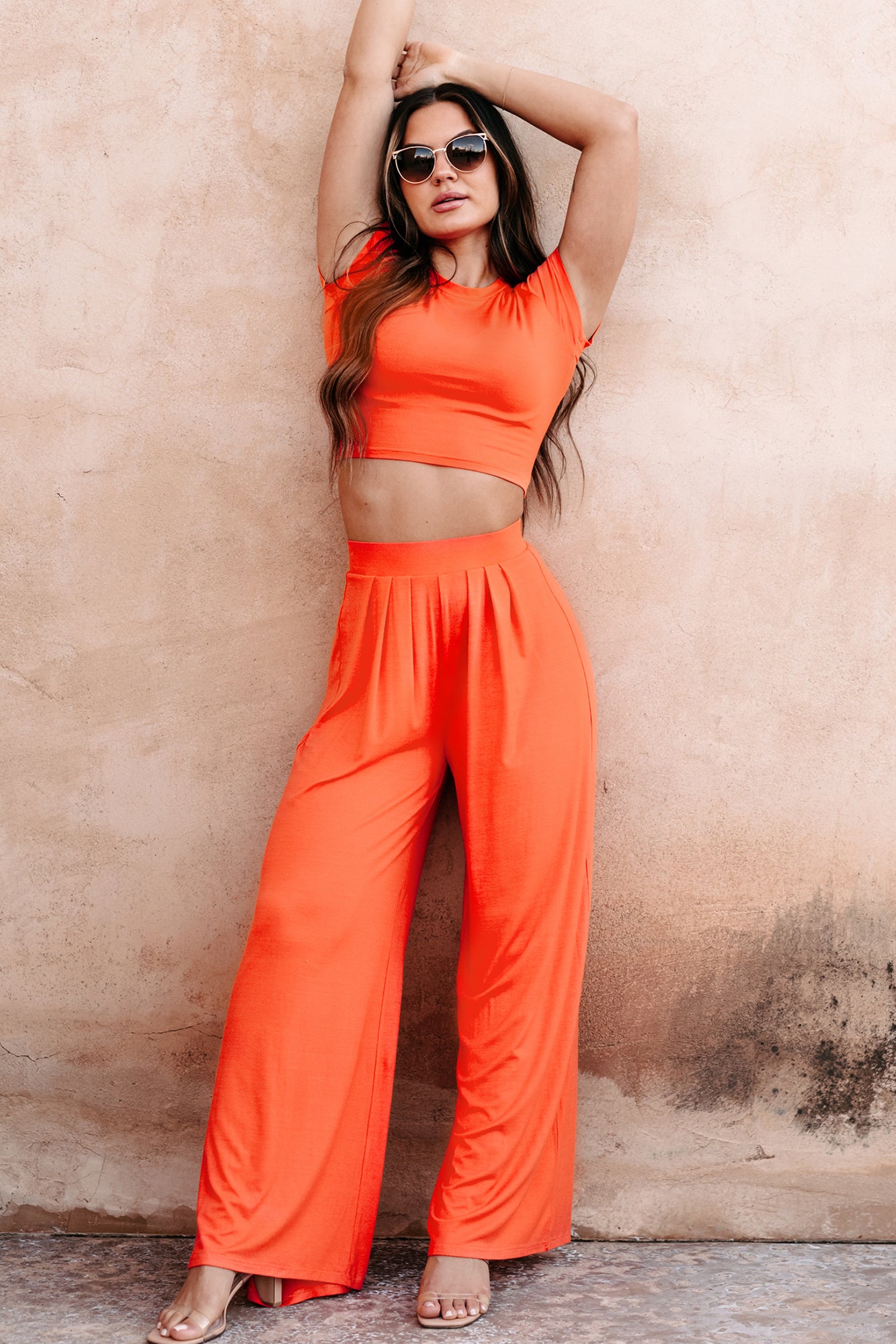 Fashionable Finesse Crop Top & Palazzo Pant Set (Neon Orange) - NanaMacs