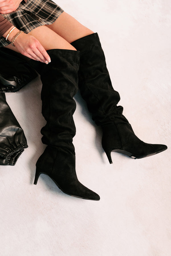 Staying Strong Faux Suede Stiletto Heel Boots (Black) - NanaMacs