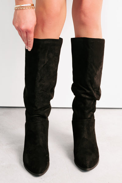 Bare & Bold Chunky Heel Faux Suede Boots (Black) - NanaMacs