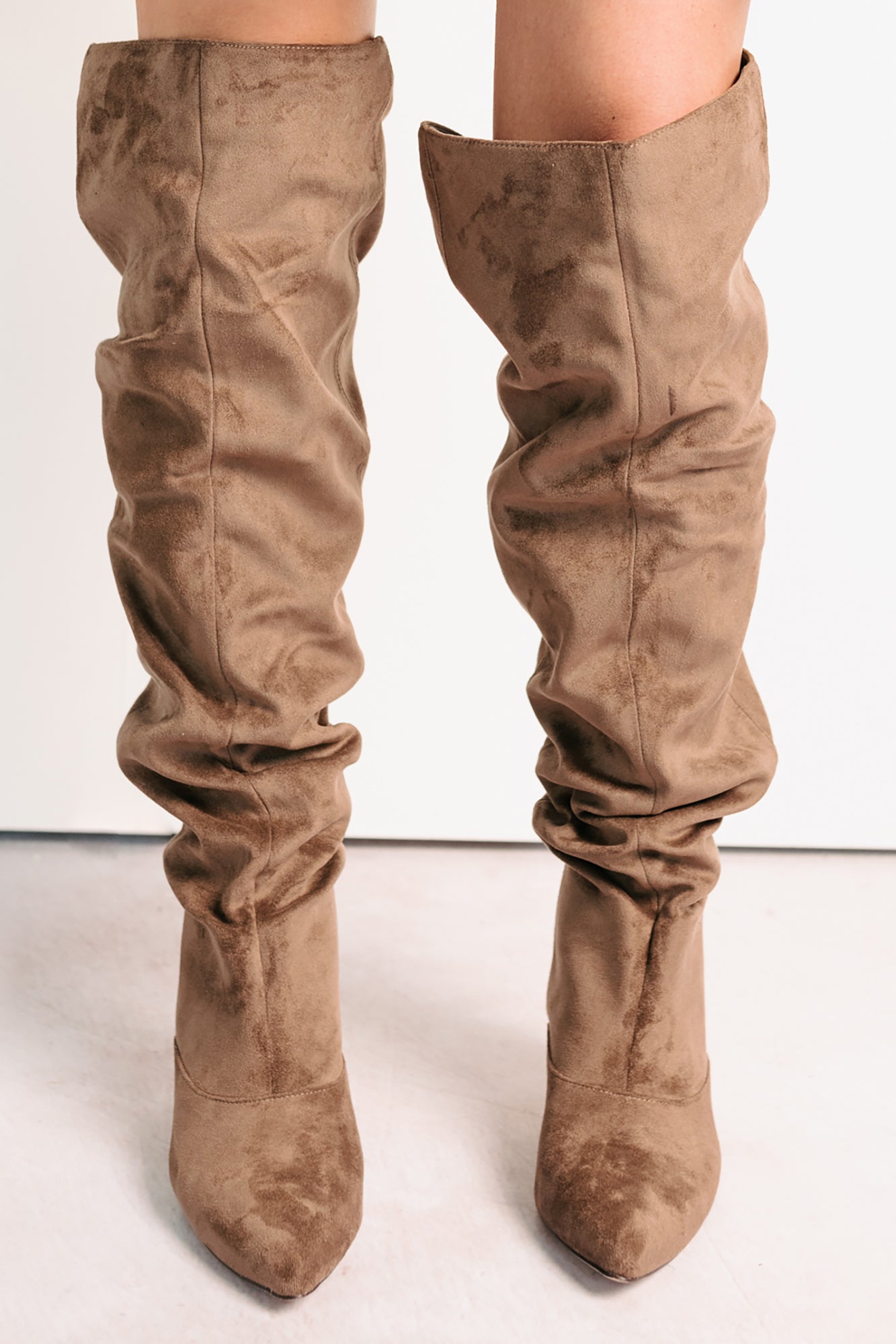 Staying Strong Faux Suede Stiletto Heel Boots (Taupe) - NanaMacs