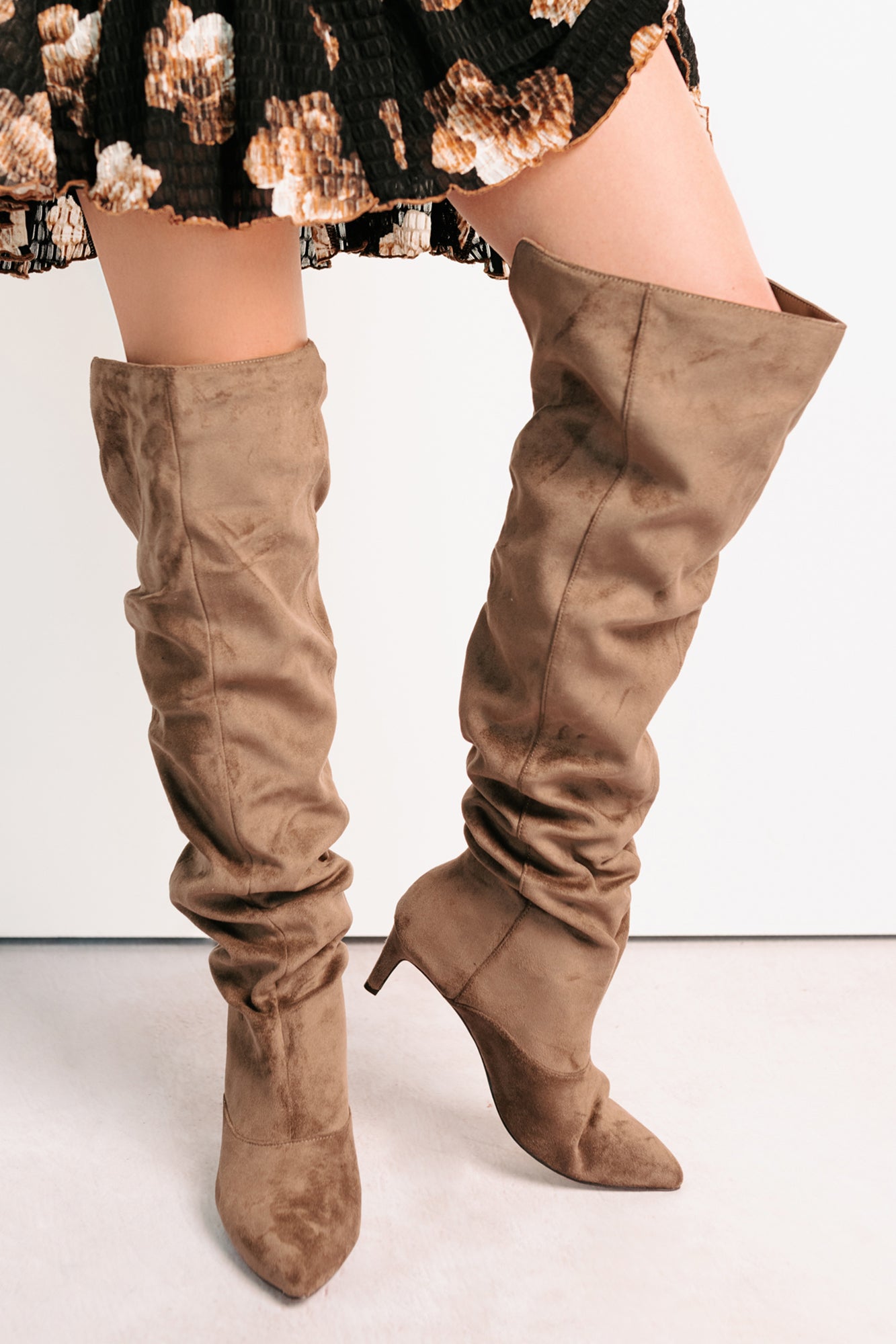 Staying Strong Faux Suede Stiletto Heel Boots (Taupe) - NanaMacs