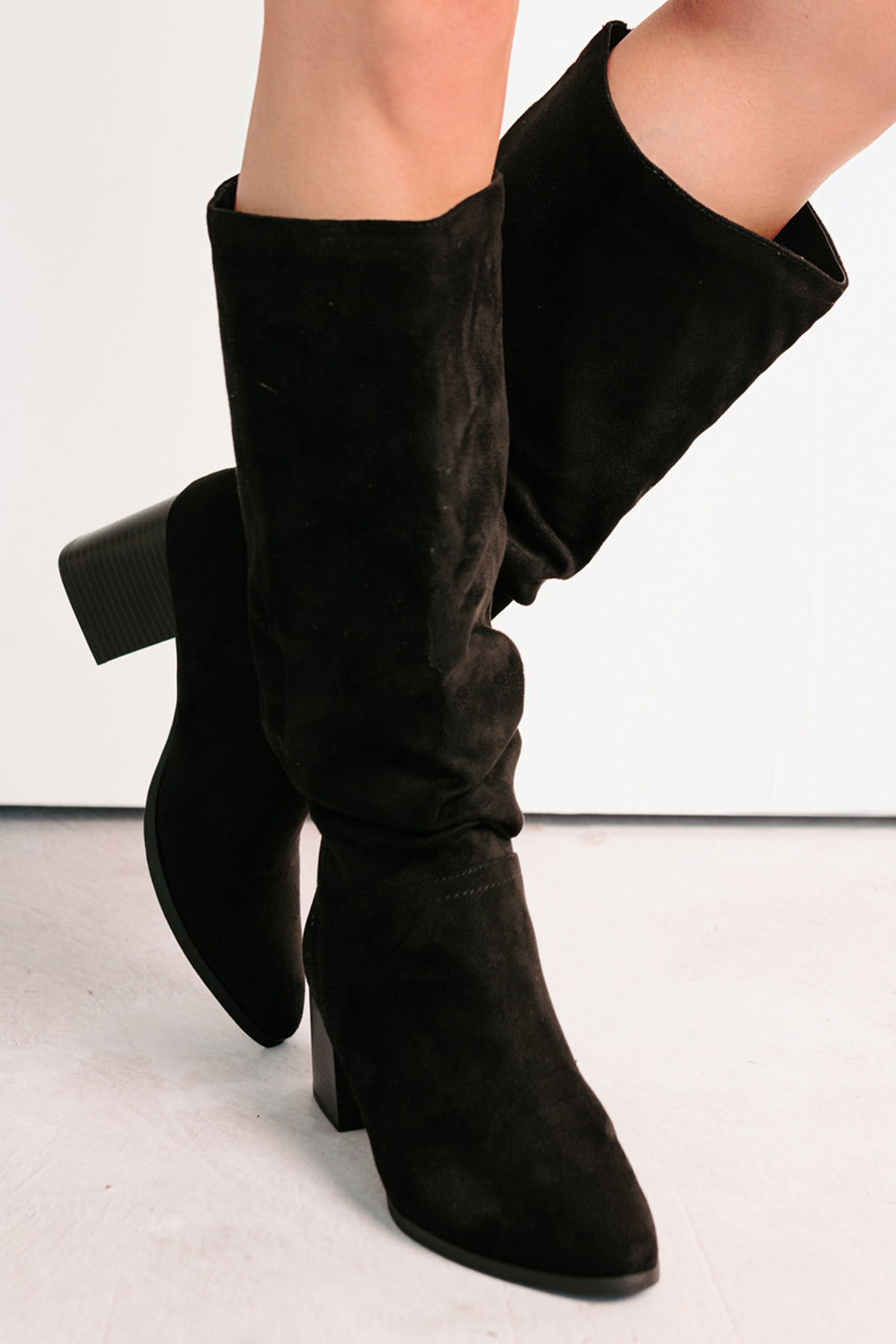 Bare & Bold Chunky Heel Faux Suede Boots (Black) - NanaMacs