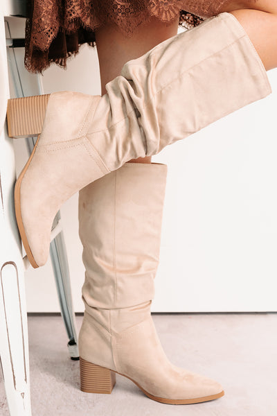 Bare & Bold Chunky Heel Faux Suede Boots (Clay) - NanaMacs