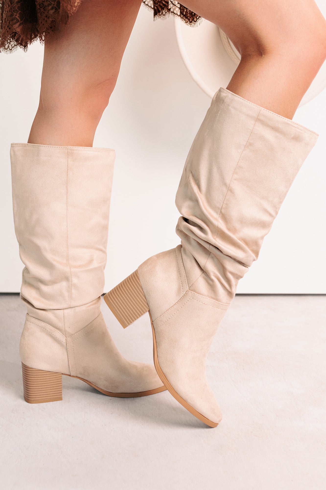 Bare & Bold Chunky Heel Faux Suede Boots (Clay) - NanaMacs