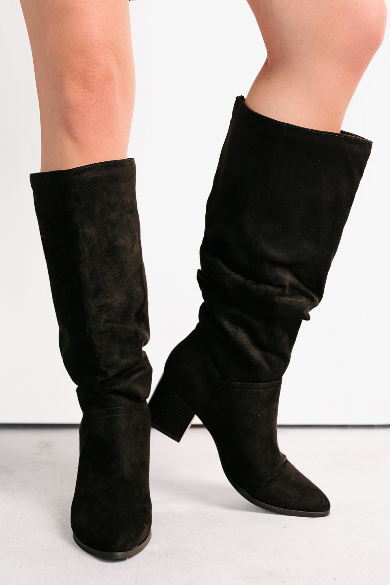 Bare & Bold Chunky Heel Faux Suede Boots (Black) - NanaMacs