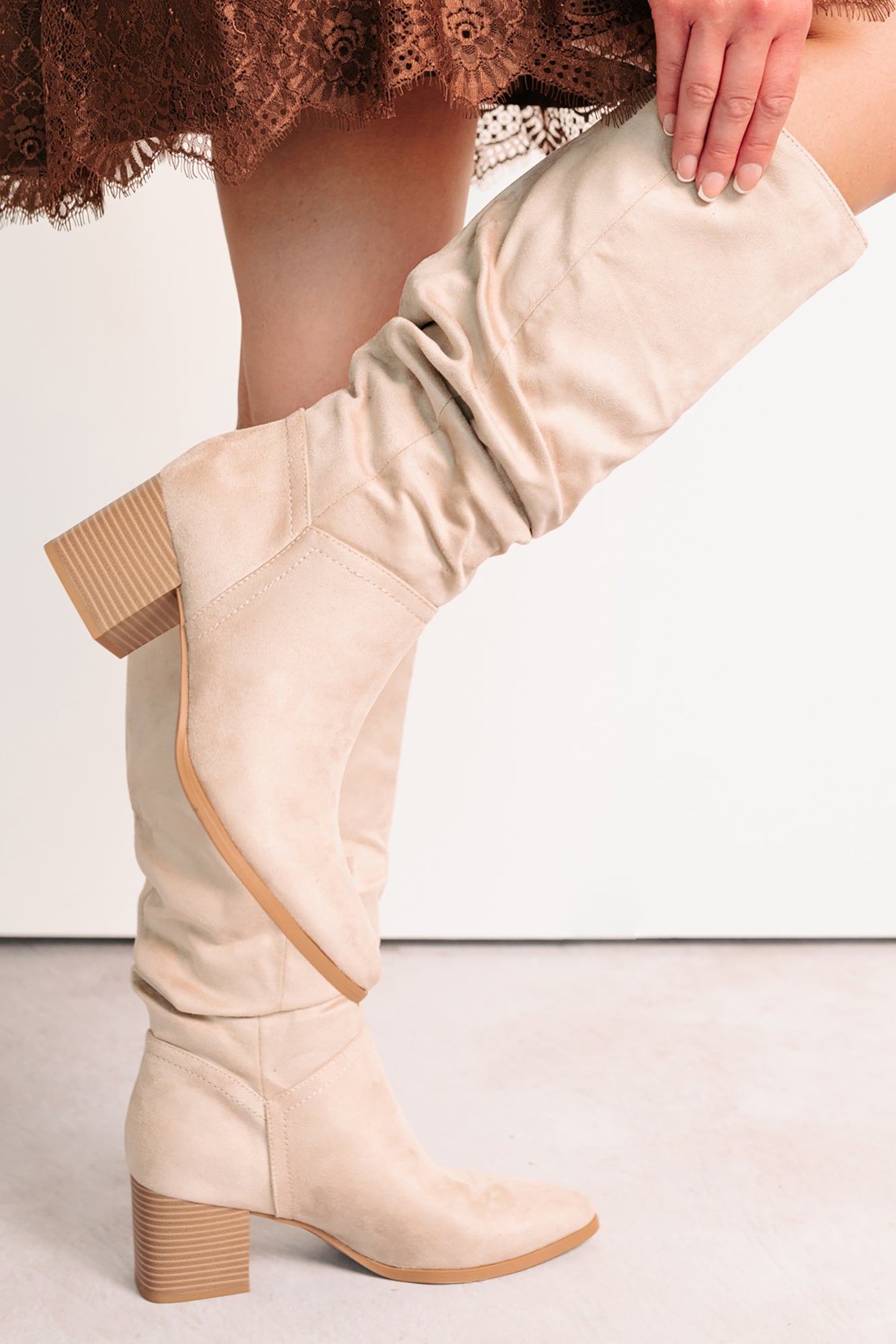 Bare & Bold Chunky Heel Faux Suede Boots (Clay) - NanaMacs