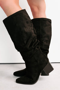 Bare & Bold Chunky Heel Faux Suede Boots (Black) - NanaMacs