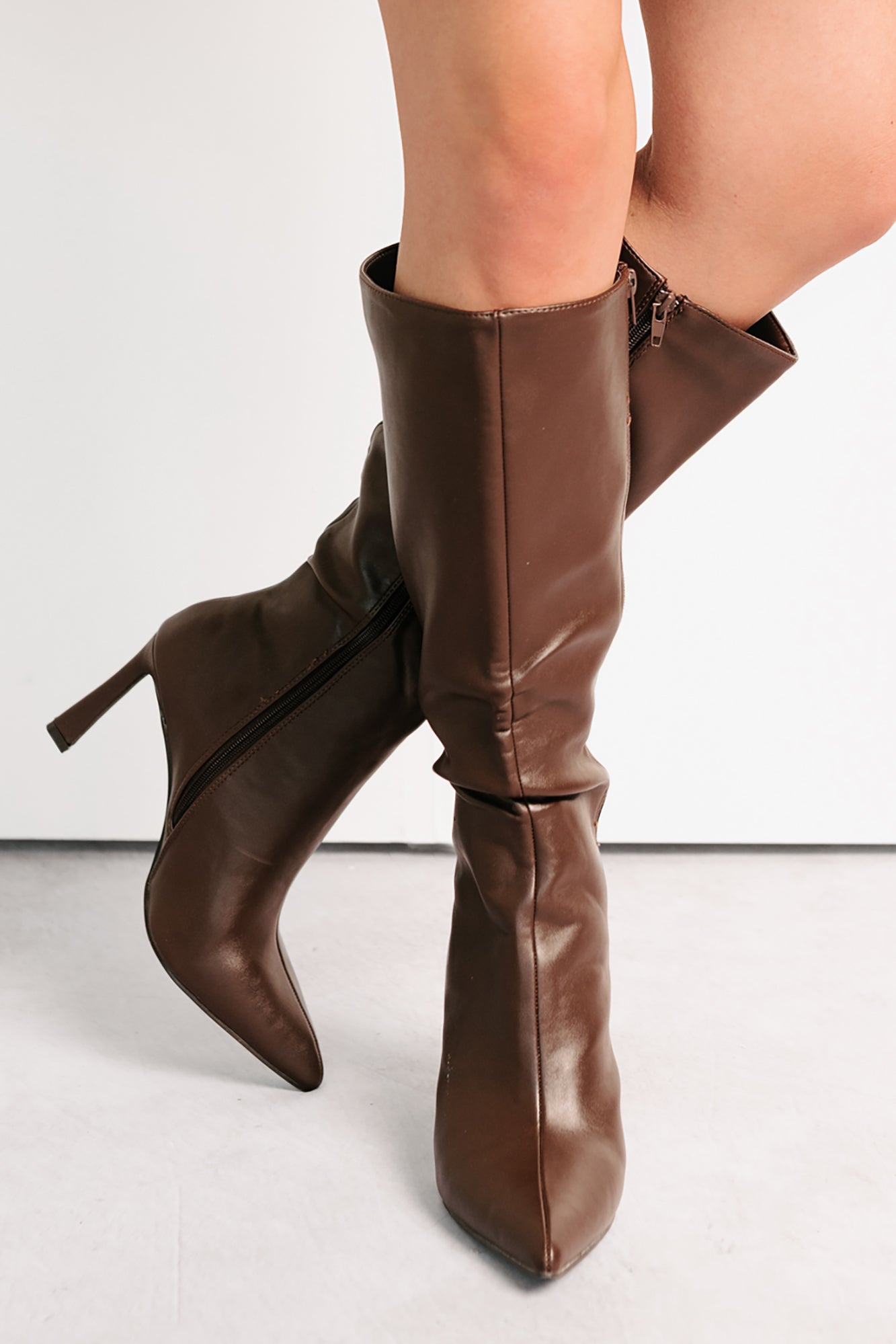 Radiant Edge Knee High Faux Leather Boots (Brown) - NanaMacs