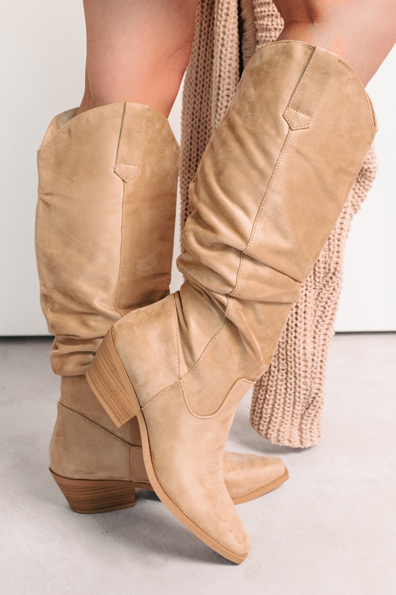 Stomp & Strut Faux Suede Slouch Boots (Light Sand) - NanaMacs