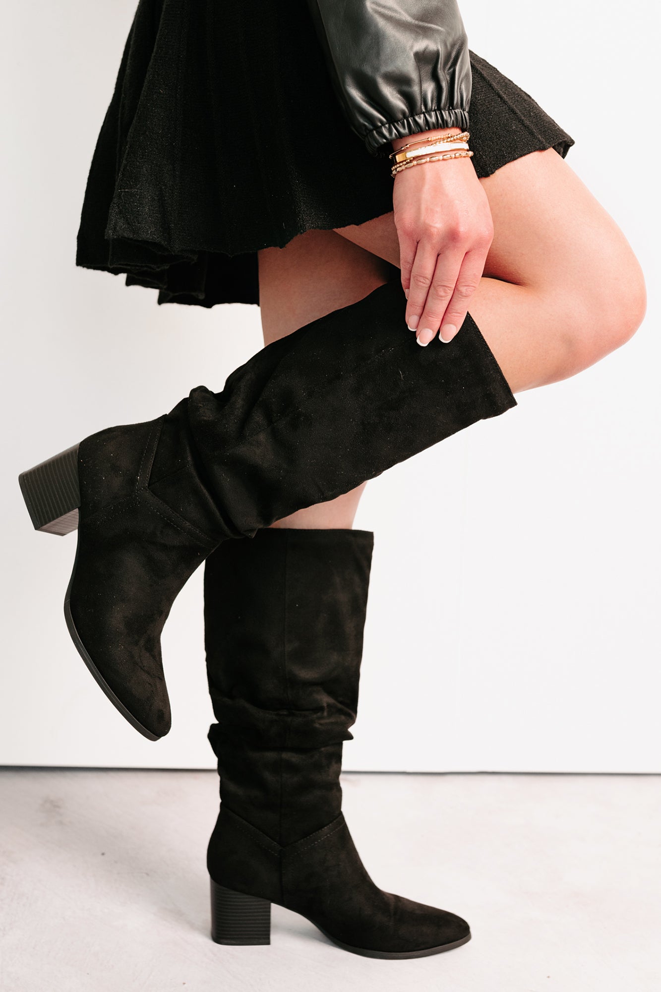 Bare & Bold Chunky Heel Faux Suede Boots (Black) - NanaMacs
