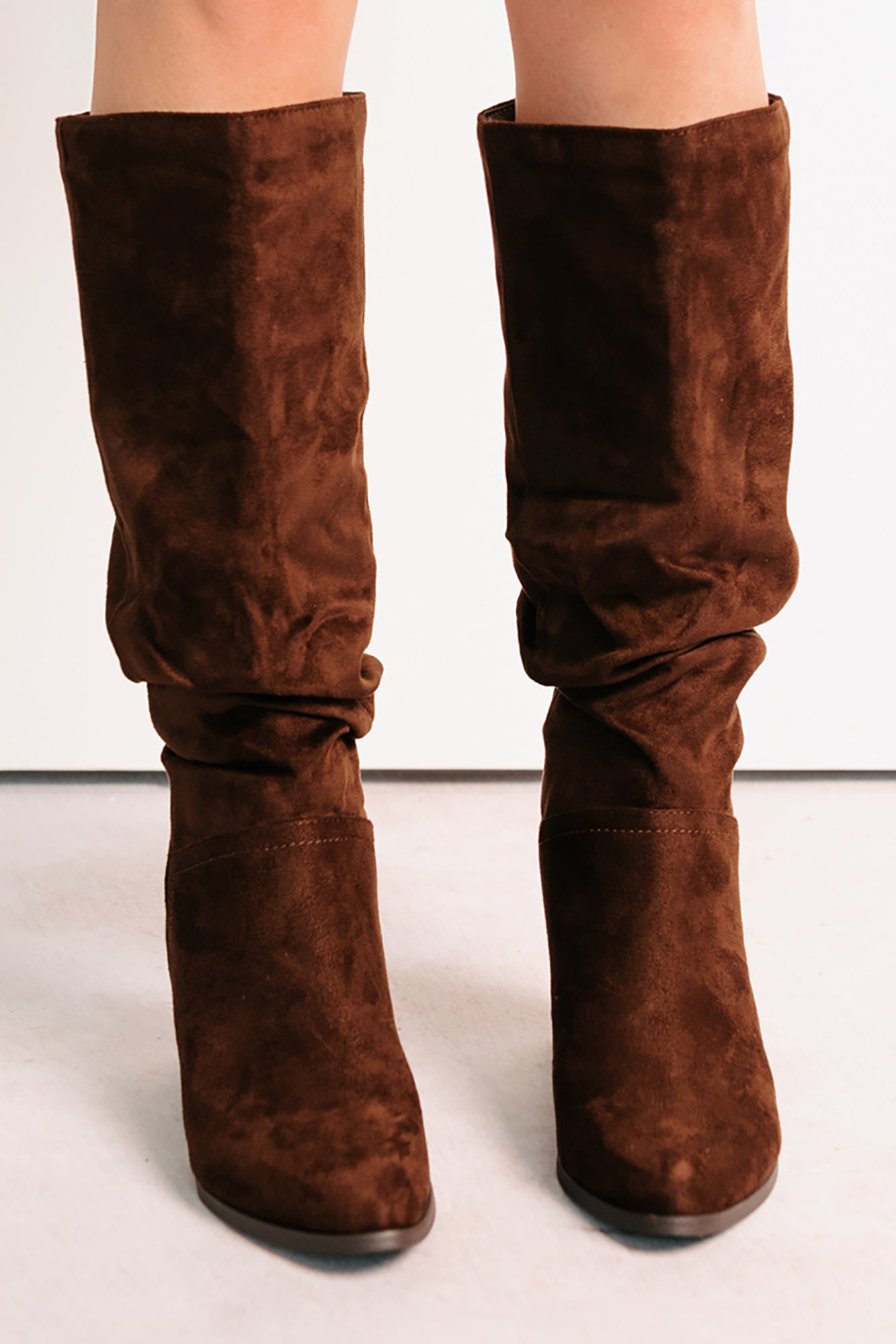 Bare & Bold Chunky Heel Faux Suede Boots (Tobacco) - NanaMacs